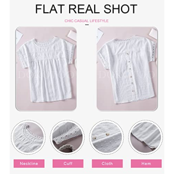 Dokotoo Blouses for Women Fashion 2024 Summer Crochet Lace Round Neck Short Sleeve Shirts Back Button Down Pom Boho Casual Solid Chiffon Blouse Womens Tops White Small