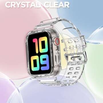 DABAOZA Compatible for Clear Apple Watch Band with Bumper Case 45mm 44mm 42mm, Women Men Glitter Bling TPU Sport Strap for iWatch SE Ultra Series 10 9 8 7 6 5 4 3 2 1（ClearCrystal,45/44/42）