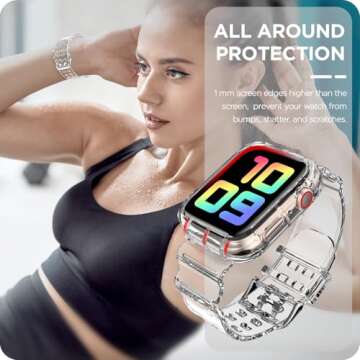 DABAOZA Compatible for Clear Apple Watch Band with Bumper Case 45mm 44mm 42mm, Women Men Glitter Bling TPU Sport Strap for iWatch SE Ultra Series 10 9 8 7 6 5 4 3 2 1（ClearCrystal,45/44/42）