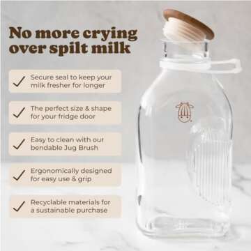 Almond Cow - Glass Pitcher with Lid and Spout, Bottle for Refrigerator, Clear Milk Jug, Food-Grade Glass Liquid Container, 60 fl oz Capacity, 5 x 4 x 10 Inches