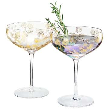 Vintage Gold Floral Decal Champagne Coupe | Set of 2 | 13 OZ, Dancing Golden Flower Etched Design, F...