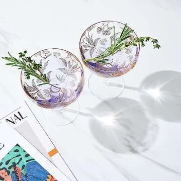 Vintage Floral Gold Etched Cocktail Coupes - Set of 2