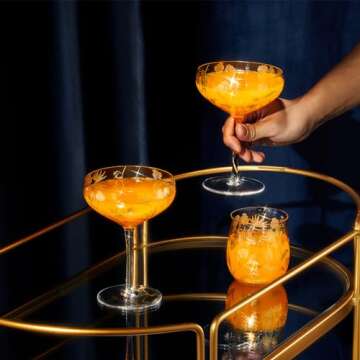 Vintage Floral Gold Etched Cocktail Coupes - Set of 2