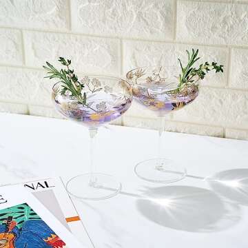 Vintage Floral Gold Etched Cocktail Coupes - Set of 2