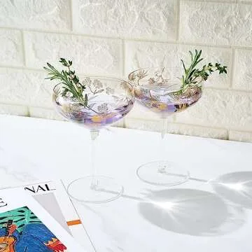 Vintage Floral Gold Etched Cocktail Coupes - Set of 2