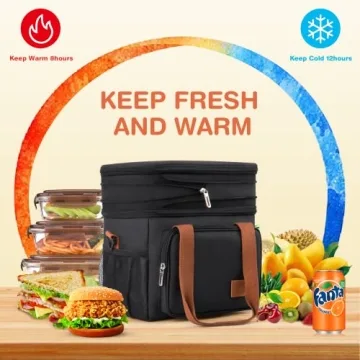 OCKLILY Lunch Box for Men, 17L Insulated Cooler Lunch Bag Women Expandable Double Deck Lunch Cooler Bag,Lightweight Leakproof Lunch Tote Bag, Suit For Work Travel Picnic (Black)