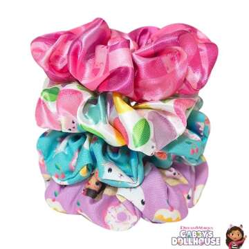 LUV HER Gabby's Dollhouse Cute Scrunchies for Girls of All Ages - 4 Large Hair Scrunchies for Girls - 4 Printed Scrunchies with Your Favorite Characters - Hair Accessories for girls 3+