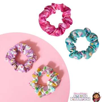 LUV HER Gabby's Dollhouse Cute Scrunchies for Girls of All Ages - 4 Large Hair Scrunchies for Girls - 4 Printed Scrunchies with Your Favorite Characters - Hair Accessories for girls 3+