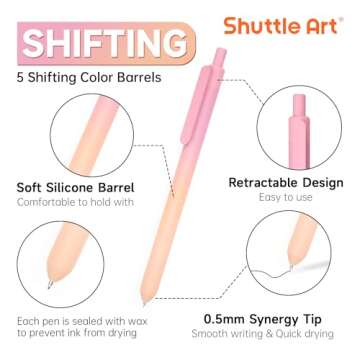 Shuttle Art Retractable Pastel Shifting Gel Ink Pens, 15 Pack Black Ink Pens, Cute Pens 0.5mm Fine P...