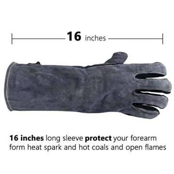 OZERO 932°F Heat Resistant Welding Gloves 16 inches Cowhide Leather - Long Sleeve and Insulated Lining BBQ Glove for Tig Welder/Mig/Grill/Barbecue/Stove Black-gray