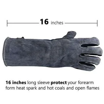 OZERO 932°F Heat Resistant Welding Gloves 16 inches Cowhide Leather - Long Sleeve and Insulated Lining BBQ Glove for Tig Welder/Mig/Grill/Barbecue/Stove Black-gray