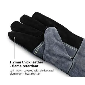 OZERO 932°F Heat Resistant Welding Gloves 16 inches Cowhide Leather - Long Sleeve and Insulated Lining BBQ Glove for Tig Welder/Mig/Grill/Barbecue/Stove Black-gray