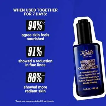 Kiehl's Midnight Recovery Concentrate Moisturizing Face Oil, Lightweight Facial Serum, Restores Skin Radiance Overnight, Reduces Fine Lines, Refines Skin Texture, 99.4% Naturally Derived - 3.4 fl oz