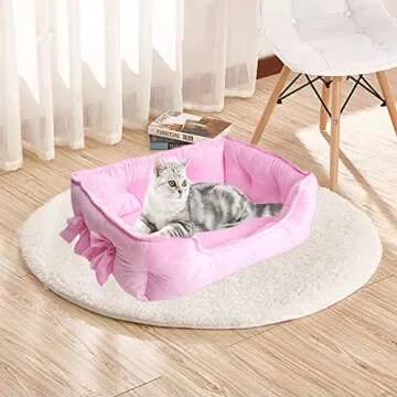 pawstrip Cute Princess Dog Bed, Soft Breathable Bowknot Pet Cat Cushion for Small Dogs, Waterproof Bottom, Self-Warming, Machine Washable (Pink)