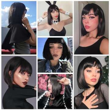 ENTRANCED STYLES Black Bob Wig with Bangs, Short Black Wig for Women Straight Bob Wigs Heat Resistan...