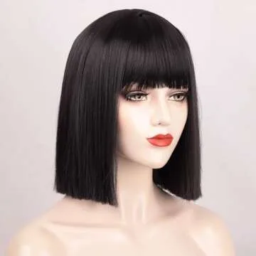 ENTRANCED STYLES Black Bob Wig with Bangs, Short Black Wig for Women Straight Bob Wigs Heat Resistant Synthetic wig Mia Wallace Cleopatra Cospaly Daily Party Use 12”