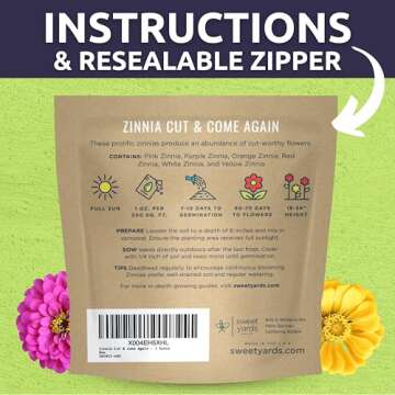 Zinnia Cut & Come Again Mix - Large 1 Ounce Packet - 4,000 Flower Seeds for Planting - Zinnia elegans