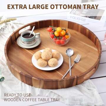 MornHalo Extra Large 20" Acacia Wood Tray with Handles - Wooden Serving Tray for Ottoman, Coffee Table, Charcuterie, Bed & Breakfast - Rustic Modern Style