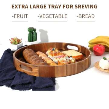 MornHalo Extra Large 20" Acacia Wood Tray with Handles - Wooden Serving Tray for Ottoman, Coffee Table, Charcuterie, Bed & Breakfast - Rustic Modern Style