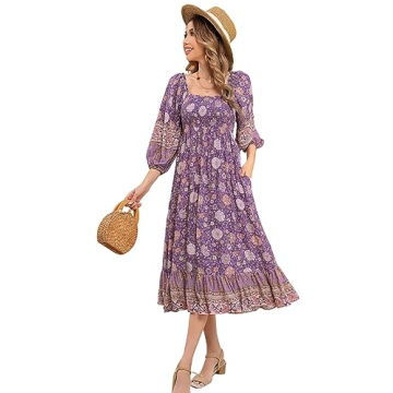 R.Vivimos Women's 3/4 Sleeve Square Neck Midi Dress Boho Casual Floral Print Empire Waist Ruffle Flo...