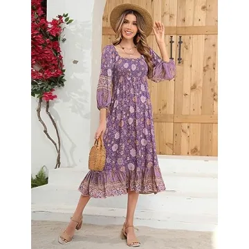 R.Vivimos Women's 3/4 Sleeve Square Neck Midi Dress Boho Casual Floral Print Empire Waist Ruffle Flowy Smocked Long Dresses (Large, Darkpurple)