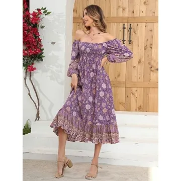 R.Vivimos Women's 3/4 Sleeve Square Neck Midi Dress Boho Casual Floral Print Empire Waist Ruffle Flowy Smocked Long Dresses (Large, Darkpurple)