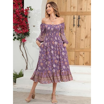 R.Vivimos Women's 3/4 Sleeve Square Neck Midi Dress Boho Casual Floral Print Empire Waist Ruffle Flowy Smocked Long Dresses (Large, Darkpurple)