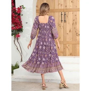 R.Vivimos Women's 3/4 Sleeve Square Neck Midi Dress Boho Casual Floral Print Empire Waist Ruffle Flowy Smocked Long Dresses (Large, Darkpurple)