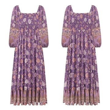 R.Vivimos Women's 3/4 Sleeve Square Neck Midi Dress Boho Casual Floral Print Empire Waist Ruffle Flowy Smocked Long Dresses (Large, Darkpurple)