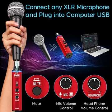 Pyle Microphone XLR to USB Signal Converter Adapter Universal Windows Mac Plug and Play Mic to PC Adaptor for Digital Recording Interface, Mix Audio Control, 48V Phantom Power, USB Cable (Red)