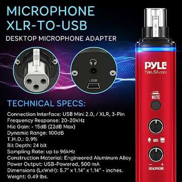 Pyle Microphone XLR to USB Signal Converter Adapter Universal Windows Mac Plug and Play Mic to PC Adaptor for Digital Recording Interface, Mix Audio Control, 48V Phantom Power, USB Cable (Red)