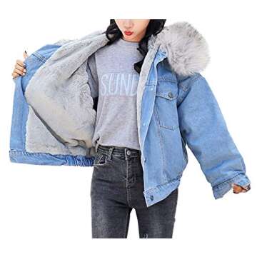 Yimoon Women's Fleece Lined Short Denim Trucker Jacket Jean Coat with Fur Hood (Grey, Small)