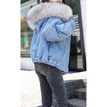 Yimoon Women's Fleece Lined Short Denim Trucker Jacket Jean Coat with Fur Hood (Grey, Small)