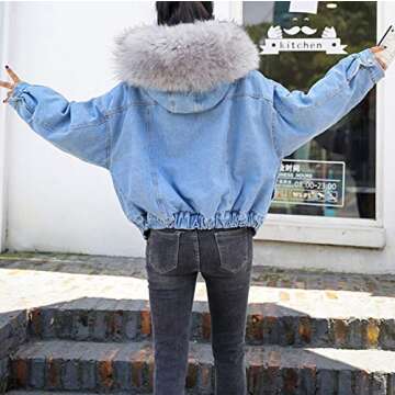 Yimoon Women's Fleece Lined Short Denim Trucker Jacket Jean Coat with Fur Hood (Grey, Small)