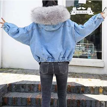Yimoon Women's Fleece Lined Short Denim Trucker Jacket Jean Coat with Fur Hood (Grey, Small)
