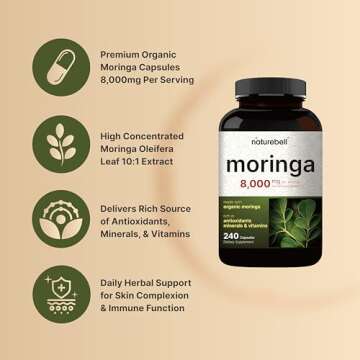 NatureBell 2 Pack Moringa Capsules 8000mg Per Serving, 480 Total Capsules | Green Superfood, Skin Health & Immune Support | Non-GMO, Gluten Free