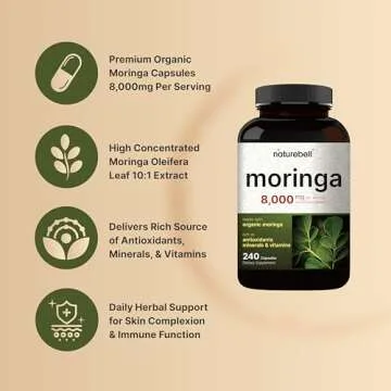 NatureBell 2 Pack Moringa Capsules 8000mg Per Serving, 480 Total Capsules | Green Superfood, Skin Health & Immune Support | Non-GMO, Gluten Free