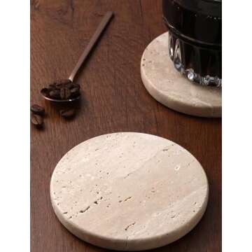 Beige Travertine Coasters Set of 4,Marble Absorbent Coasters 4 '',Ideal for Housewarming Gifts, Anni...