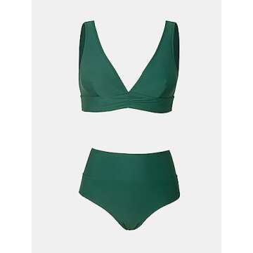 CUPSHE Bikini Set for Women Two Piece Swimsuit High Waisted V Neck Ruched Front Wide Straps M, Green