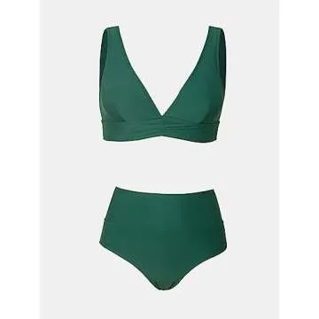 CUPSHE Bikini Set for Women Two Piece Swimsuit High Waisted V Neck Ruched Front Wide Straps M, Green