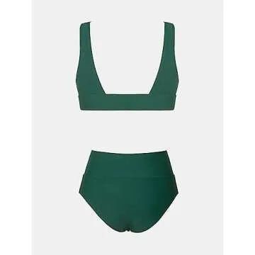 CUPSHE Bikini Set for Women Two Piece Swimsuit High Waisted V Neck Ruched Front Wide Straps M, Green