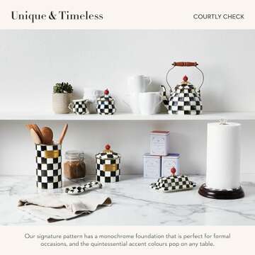 MACKENZIE-CHILDS Medium Enamel Canister, Kitchen Storage Container for Flour and Sugar, 1.42 Liters, Black-and-White Courtly Check