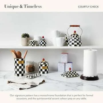 MACKENZIE-CHILDS Medium Enamel Canister, Kitchen Storage Container for Flour and Sugar, 1.42 Liters, Black-and-White Courtly Check