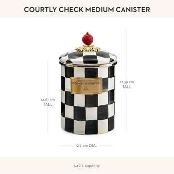MACKENZIE-CHILDS Medium Enamel Canister, Kitchen Storage Container for Flour and Sugar, 1.42 Liters, Black-and-White Courtly Check
