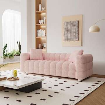 Dolonm Modern Sofa Couch with Metal Legs Upholstered Tufted 3 Seater Couch with 2 Pillows Decor Furniture for Living Room, Bedroom, Office, 80 Inch Wide(Pink-Teddy)