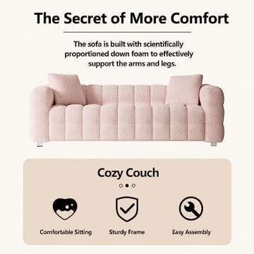Dolonm Modern Sofa Couch with Metal Legs Upholstered Tufted 3 Seater Couch with 2 Pillows Decor Furniture for Living Room, Bedroom, Office, 80 Inch Wide(Pink-Teddy)