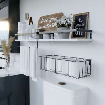 RICHER HOUSE Floating Shelves with Tissue Basket Set, Rustic Wall Shelves with Removable Towel Bar, Farmhouse Floating Bathroom Shelves for Kitchen and Bedroom - White