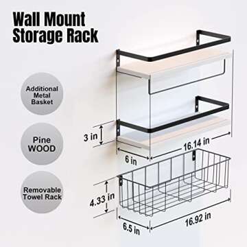 RICHER HOUSE Floating Shelves with Tissue Basket Set, Rustic Wall Shelves with Removable Towel Bar, Farmhouse Floating Bathroom Shelves for Kitchen and Bedroom - White