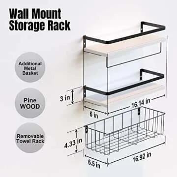 RICHER HOUSE Floating Shelves with Tissue Basket Set, Rustic Wall Shelves with Removable Towel Bar, Farmhouse Floating Bathroom Shelves for Kitchen and Bedroom - White