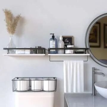 RICHER HOUSE Floating Shelves with Tissue Basket Set, Rustic Wall Shelves with Removable Towel Bar, Farmhouse Floating Bathroom Shelves for Kitchen and Bedroom - White